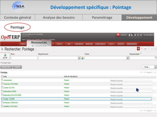 Analyse des besoinsContexte général Paramétrage Développement
29
Développement spécifique : Pointage
Pointage
Pointage
Ressources
humaines
Nom
Etat de
présence
 