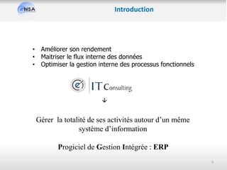Introduction
• Améliorer son rendement
• Maitriser le flux interne des données
• Optimiser la gestion interne des processus fonctionnels
Gérer la totalité de ses activités autour d’un même
système d’information
Progiciel de Gestion Intégrée : ERP

3
 