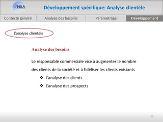Analyse des besoinsContexte général Paramétrage Développement
30
Développement spécifique: Analyse clientèle
L’analyse clientèle
Analyse des besoins
Le responsable commerciale vise à augmenter le nombre
des clients de la société et à fidéliser les clients existants
 L’analyse des clients
 L’analyse des prospects
 