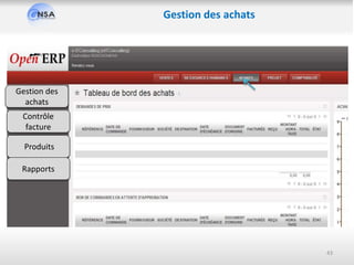 43
Gestion des achats
Gestion des
achats
Contrôle
facture
Produits
Rapports
 