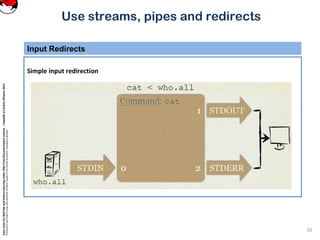 CoreLinuxforRedHatandFedoralearningunderGNUFreeDocumentationLicense-Copyleft(c)AcácioOliveira2012
Everyoneispermittedtocopyanddistributeverbatimcopiesofthislicensedocument,changingisallowed
Use streams, pipes and redirects
Input Redirects
16
Simple input redirection
 