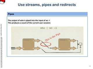 CoreLinuxforRedHatandFedoralearningunderGNUFreeDocumentationLicense-Copyleft(c)AcácioOliveira2012
Everyoneispermittedtocopyanddistributeverbatimcopiesofthislicensedocument,changingisallowed
Use streams, pipes and redirects
Pipes
19
The output of who is piped into the input of wc -l
This produces a count of the current user sessions
 
