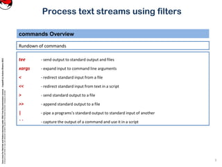 CoreLinuxforRedHatandFedoralearningunderGNUFreeDocumentationLicense-Copyleft(c)AcácioOliveira2012
Everyoneispermittedtocopyanddistributeverbatimcopiesofthislicensedocument,changingisallowed
Process text streams using filters
Rundown of commands
commands Overview
3
tee - send output to standard output and files
xargs - expand input to command line arguments
< - redirect standard input from a file
<< - redirect standard input from text in a script
> - send standard output to a file
>> - append standard output to a file
| - pipe a programs's standard output to standard input of another
` ` - capture the output of a command and use it in a script
 
