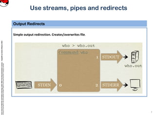 CoreLinuxforRedHatandFedoralearningunderGNUFreeDocumentationLicense-Copyleft(c)AcácioOliveira2012
Everyoneispermittedtocopyanddistributeverbatimcopiesofthislicensedocument,changingisallowed
Use streams, pipes and redirects
Output Redirects
7
Simple output redirection. Creates/overwrites file.
 
