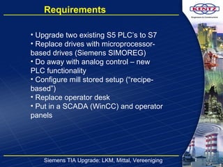 Siemens TIA Upgrade: LKM, Mittal, Vereeniging Requirements Upgrade two existing S5 PLC’s to S7 Replace drives with microprocessor-based drives (Siemens SIMOREG) Do away with analog control – new PLC functionality Configure mill stored setup (“recipe-based”) Replace operator desk Put in a SCADA (WinCC) and operator panels 