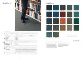 6 7
263 | storm
251 | admiral
266 | smoke
252 | petrol
254 | inkwell
257 | pool
269 | ash261 | solway
258 | denim
260 | mulberry 262 | krypton
259 | reef
272 | stone
265 | redwood
273 | pebble
264 | americano
256 | rainforest275 | ginger
270 | caramel
267 | leather
253 | botanic
272 | stone
640 640
255 | caspian
640 especificaciones técnicas
Descripción Moqueta en losetas en bucle
/ Dimensiones / losetas x caja 50cm x 50cm / 20 losetas por caja
Espesor total 6,0mm + 10%
Método de instalación Instalación en el mismo sentido, en damero continuo o damero contrapuesto
Composición de la fibra 100% Poliamida Aquafill y Alto Chroma
Sistema de tintura Tintado en masa
. Peso de la fibra 640gsm + 10%
Peso total 3,955gsm + 10%
Densidad de las puntadas Puntadas por m2
189,120 /m2
+ 10%
Primera capa revés Poliestér
Segunda capa revés Bitúmen & soft back
G Aplicación EN 1307 Clase 33, adecuado para cualquier de aplicación con tráfico intenso
2 Estabilidad dimensional EN 986 <0.2 %
g Resistencia a sillas con
ruedas
EN 985 Mínimo valor R: > 2.4
p Resistencia a la luz EN ISO 105-B02 >5
s Reducción del sonido de
impacto
ISO 140-8 24dB
L Resistencia eléctrica EN 10965 & EN1815 <1 x 109
Ω: Estático disipativo. Voltaje a través de la masa < 2kV.
Impacto medioambiental
Los materiales empleados para la elaboración de las losetas de moqueta Tessera presentan unos reducidos niveles
de compuestos orgánicos volátiles (COV). Todas las losetas de moqueta Tessera se fabrican utilizando electricidad
100% verde.
Garantía
Apex 640 tiene una garantía de 10 años, siempre y cuando la instalación la haya llevado a cabo de forma profesional
una empresa autorizada y el mantenimiento se haya realizado según los requisitos de Forbo en vigor.
7 Apex meets the requirements of EN 14041
T Reacción al fuego EN 13501-1 Bfl
s1
Z Resistencia al deslizamientoEN 13893 DS: > 0,30
Forbo Flooring se reserva el derecho a mejorar las características de sus productos sin previo aviso. Excepto en caso de error u omisión.
La colección Apex 640 de losetas de
moqueta en bucle presenta una paleta de
22 colores contemporáneos con un atractivo
universal; diseñada para satisfacer las
necesidades estéticas de todo tipo de
oficinas modernas. Su elegante aspecto se
combina con un alto rendimiento técnico.
Apex 640, que se fabrica en su totalidad con
hilo de nailon tintado en masa Aquafil,
destaca por su elevada resistencia a la
suciedad y a la luz. Así pues, esta colección
ofrece la durabilidad y resistencia al desgaste
necesarias en zonas de tráfico intenso,
incluso cuando se somete a procesos de
limpieza intensivos.
Importante: la representación digital puede
variar ligeramente del producto original. Para
comprobar el efecto real, solicite una muestra.
 