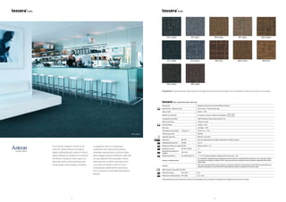 12 13
803 | clay 808 | silica
809 | copper
806 | mortar
807 | glaze804 | taupe
810 | carbon
801 | glass
802 | oxide
813 | zircon811 | cobalt
812 | marble
810 | carbon
especificaciones técnicas
Descripción Moqueta en losetas en bucle de diferentes alturas
/ Dimensiones / losetas por caja 50cm x 50cm / 16 losetas por caja
Espesor total 8,0mm + 10%
Método de instalación En damero continuo o damero contrapuesto
Composición de la fibra 100% Poliamida Invista Antron Excel SC 6,6
Sistema de tintura Tintado en masa
. Peso de la fibra 740gsm + 10%
Peso total 4,355gsm + 10%
Densidad de las puntadas Tufts per m2
222,216 /m2
+ 10%
Primera capa revés Poliéster
Segunda capa revés Bitúmen y soft back
G Aplicación EN 1307 Clase 33, adecuado para cualquier aplicación con tráfico intenso.
2 Estabilidad dimensional EN 986 <0.2 %
g Resistencia a sillas con ruedas EN 985 Mínimo valor R: > 2.4
p Resistencia a la luz EN ISO 105-B02 >5
s Reducción del sonido de
impacto
ISO 140-8 25dB
L Resistencia eléctrica EN 10965 & EN1815 <1 x 109
Ω: Estática disipativa. Voltaje a través de la masa < 2kV.
Impacto medioambiental
Los materiales empleados para la elaboración de las losetas de moqueta Tessera presentan unos reducidos niveles
de compuestos orgánicos volátiles (COV). Todas las losetas de moqueta Tessera se fabrican utilizando electricidad
100% verde.
Garantía
Helix tiene una garantía de 10 años, siempre y cuando la instalación la haya llevado a cabo de forma profesional una
empresa autorizada y el mantenimiento se haya realizado según los requisitos de Forbo en vigor.
7 Helix cumple la normativa EN 14041
T Reacción al fuego EN 13501-1 Bfl
s1
Z Resistencia al deslizamiento EN 13893 DS: > 0,30
Forbo Flooring se reserva el derecho a mejorar las características de sus productos sin previo aviso. Excepto en caso de error u omisión.
El uso de hilo “métalico” Antron® en la
colección Tessera Helix le concede un
aspecto reflectante pero sobrio. El hilo de
nailon plateado se yuxtapone con estilo al
hilo Antron tintado en masa a partir una
paleta de colores contemporáneos que
incluye grises, azules, beiges y marrones.
La inspiración de los 13 colores que
conforman esta colección procede de
materiales arquitectónicos y de los colores
de los paisajes urbanos modernos. Fabricada
con las máquinas más avanzadas, Tessera
Helix presenta un diseño lineal que, tanto
si se coloca en damero continuo como
contrapuesto, puede ofrecer una textura
rica y un atractivo visual ideal para espacios
abiertos.
Importante: la representación digital puede variar ligeramente del producto original. Para comprobar el efecto real, solicite una muestra.
 