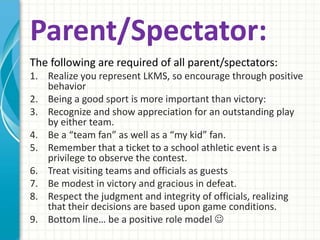Parent/Spectator: 
The following are required of all parent/spectators: 
1. Realize you represent LKMS, so encourage through positive 
behavior 
2. Being a good sport is more important than victory: 
3. Recognize and show appreciation for an outstanding play 
by either team. 
4. Be a “team fan” as well as a “my kid” fan. 
5. Remember that a ticket to a school athletic event is a 
privilege to observe the contest. 
6. Treat visiting teams and officials as guests 
7. Be modest in victory and gracious in defeat. 
8. Respect the judgment and integrity of officials, realizing 
that their decisions are based upon game conditions. 
9. Bottom line… be a positive role model  
 