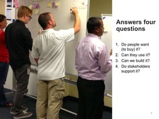 Answers four
questions
1. Do people want
(to buy) it?
2. Can they use it?
3. Can we build it?
4. Do stakeholders
support it?
3
 
