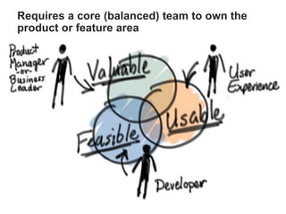 Requires a core (balanced) team to own the
product or feature area
 