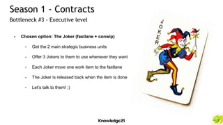 - Chosen option: The Joker (fastlane + conwip)
- Get the 2 main strategic business units
- Offer 3 Jokers to them to use whenever they want
- Each Joker move one work item to the fastlane
- The Joker is released back when the item is done
- Let’s talk to them! ;)
Season 1 - Contracts
Bottleneck #3 - Executive level
 
