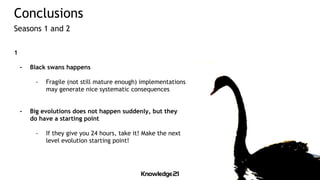 1
- Black swans happens
- Fragile (not still mature enough) implementations
may generate nice systematic consequences
- Big evolutions does not happen suddenly, but they
do have a starting point
- If they give you 24 hours, take it! Make the next
level evolution starting point!
Conclusions
Seasons 1 and 2
 