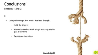 2
- Just pull enough. Not more. Not less. Enough.
- Hold the anxiety
- We don’t need to reach a high maturity level in
just a few time
- Experience takes time
Conclusions
Seasons 1 and 2
 