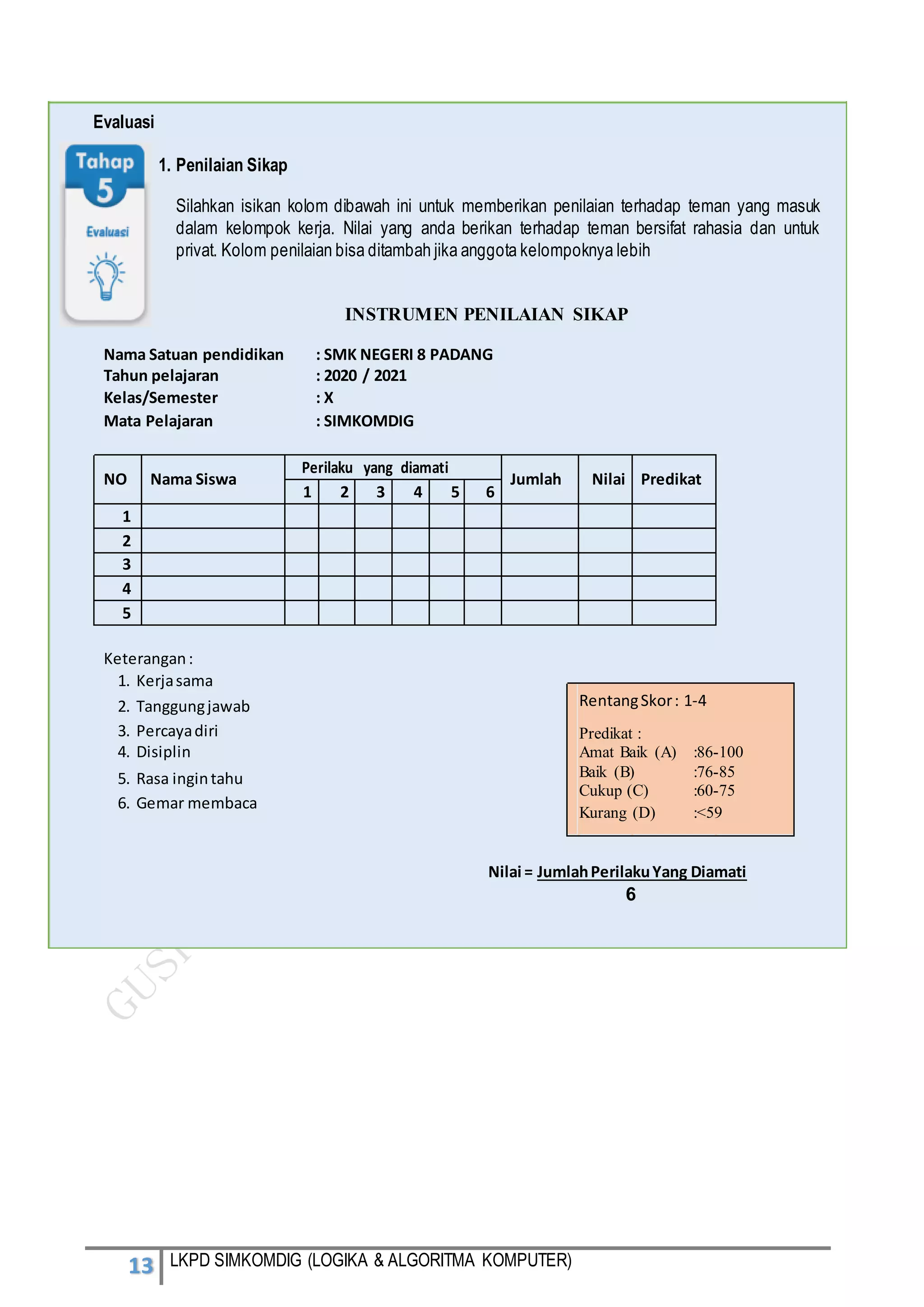 13 LKPD SIMKOMDIG (LOGIKA & ALGORITMA KOMPUTER)
Evaluasi
1. Penilaian Sikap
Silahkan isikan kolom dibawah ini untuk memberikan penilaian terhadap teman yang masuk
dalam kelompok kerja. Nilai yang anda berikan terhadap teman bersifat rahasia dan untuk
privat. Kolom penilaian bisa ditambah jika anggota kelompoknya lebih
INSTRUMEN PENILAIAN SIKAP
Nama Satuan pendidikan : SMK NEGERI 8 PADANG
Tahun pelajaran : 2020 / 2021
Kelas/Semester : X
Mata Pelajaran : SIMKOMDIG
NO Nama Siswa
Perilaku yang diamati
Jumlah Nilai Predikat
1 2 3 4 5 6
1
2
3
4
5
Keterangan:
1. Kerjasama
RentangSkor: 1-4
2. Tanggungjawab
3. Percayadiri Predikat :
4. Disiplin Amat Baik (A) :86-100
5. Rasa ingintahu Baik (B) :76-85
Cukup (C) :60-75
6. Gemar membaca
Kurang (D) :<59
Nilai = JumlahPerilakuYang Diamati
6
 