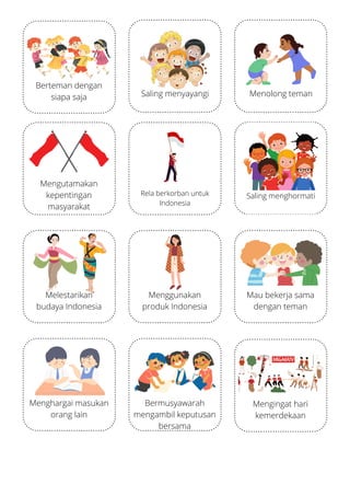 Berteman dengan
siapa saja
Mengutamakan
kepentingan
masyarakat
Menolong teman
Saling menyayangi
Saling menghormati
Mau bekerja sama
dengan teman
Menggunakan
produk Indonesia
Melestarikan
budaya Indonesia
Mengingat hari
kemerdekaan
Rela berkorban untuk
Indonesia
Bermusyawarah
mengambil keputusan
bersama
Menghargai masukan
orang lain
 