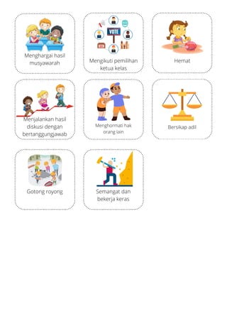 Menghargai hasil
musyawarah
Menjalankan hasil
diskusi dengan
bertanggungjawab
Hemat
Bersikap adil
Semangat dan
bekerja keras
Gotong royong
Menghormati hak
orang lain
Mengikuti pemilihan
ketua kelas
 