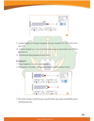 9. Lakukan langkah no.8 dengan mengganti nilai gaya menjadi 30 N, 40 N, 50 N, 60 N,
dan 70 N.
10. Lakukan langkah no. 6 s.d no.9 untuk konstanta pegas yang berbeda yaitu 300N/m
dan 400 N/m.
11. Masukkanlah hasil pengamatan pada Tabel 1.
B. Kegiatan 2
1. Ulangi langkah no.1 s.d no.5 pada kegiatan 1,
2. Pilih gambar “dua pegas” sehingga akan muncul tampilan sebagai berikut:
3. Beri tanda centang (√) pada box gaya yang dikenakan, gaya pegas, perpindahan, posisi
setimbang dan nilai.
20 |
8QWXN60$0$NHODV;,
 