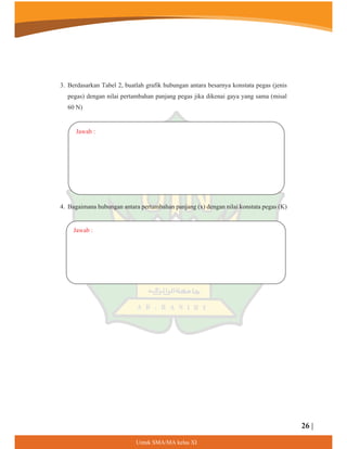 3. Berdasarkan Tabel 2, buatlah grafik hubungan antara besarnya konstata pegas (jenis
pegas) dengan nilai pertambahan panjang pegas jika dikenai gaya yang sama (misal
60 N)
4. Bagaimana hubungan antara pertambahan panjang (x) dengan nilai konstata pegas (K)
Jawab :
Jawab :
26 |
8QWXN60$0$NHODV;,
 