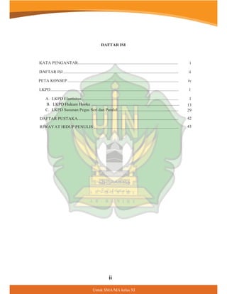 DAFTAR ISI
KATA PENGANTAR
DAFTAR ISI ........................................................................................................... ii
PETA KONSEP .......................................................................................................
LKPD.......................................................................................................................
A. LKPD Elastisitas..........................................................................................
..............................................................................................
...............................................................................
8QWXN60$0$NHODV;,
LL
iv
C. LKPD Susunan Pegas Seri dan Paralel ........................................................
RIWAYAT HIDUP PENULIS
29
13
1
1
B. LKPD Hukum Hooke ..................................................................................
............................................................................................. i
DAFTAR PUSTAKA 42
43
 