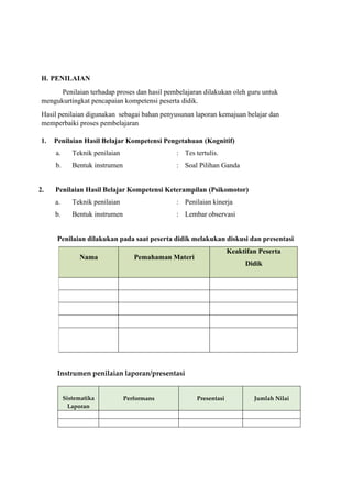 H. PENILAIAN
Penilaian terhadap proses dan hasil pembelajaran dilakukan oleh guru untuk
mengukurtingkat pencapaian kompetensi peserta didik.
Hasil penilaian digunakan sebagai bahan penyusunan laporan kemajuan belajar dan
memperbaiki proses pembelajaran
1. Penilaian Hasil Belajar Kompetensi Pengetahuan (Kognitif)
a. Teknik penilaian : Tes tertulis.
b. Bentuk instrumen : Soal Pilihan Ganda
2. Penilaian Hasil Belajar Kompetensi Keterampilan (Psikomotor)
a. Teknik penilaian : Penilaian kinerja
b. Bentuk instrumen : Lembar observasi
Penilaian dilakukan pada saat peserta didik melakukan diskusi dan presentasi
Nama Pemahaman Materi
Keaktifan Peserta
Didik
Instrumen penilaian laporan/presentasi
Sistematika
Laporan
Performans Presentasi Jumlah Nilai
 