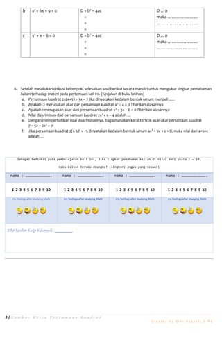3 | L e m b a r K e r j a P e r s a m a a n K u a d r a t
C r e a t e d b y E r n i S u s a n t i , S . P d
b x2
+ 6x + 9 = 0 D = b2
– 4ac
=
=
=
D …0
maka …………………
……………………….
c x2
+ x + 6 = 0 D = b2
– 4ac
=
=
=
D …0
maka …………………
……………………….
6. Setelah melakukan diskusi kelompok, selesaikan soal berikut secara mandiri untuk mengukur tingkat pemahaman
kalian terhadap materi pada pertemuan kali ini. (Kerjakan di buku latihan)
a. Persamaan kuadrat 2x(x+5) = 3x – 7 jika dinyatakan kedalam bentuk umum menjadi ..…
b. Apakah -2 merupakan akar dari persamaan kuadrat x2
– 4 = 0 ? berikan alasannya
c. Apakah 1 merupakan akar dari persamaan kuadrat x2
+ 3x – 6 = 0 ? berikan alasannya
d. Nilai diskriminan dari persamaan kuadrat 2x2
+ x – 4 adalah …
e. Dengan memperhatikan nilai diskriminannya, bagaimanakah karakteristik akar-akar persamaan kuadrat
7 – 5x – 2x2
= 0
f. Jika persamaan kuadrat 2(x-3)2
= -5 dinyatakan kedalam bentuk umum ax2
+ bx + c = 0, maka nilai dari a+b+c
adalah ….
Sebagai Refleksi pada pembelajaran kali ini, Jika tingkat pemahaman kalian di nilai dari skala 1 – 10,
maka kalian berada diangka? (lingkari angka yang sesuai)
nama : ……………………………. nama : ……………………………. nama : ……………………………. nama : …………………………….
1 2 3 4 5 6 7 8 9 10 1 2 3 4 5 6 7 8 9 10 1 2 3 4 5 6 7 8 9 10 1 2 3 4 5 6 7 8 9 10
my feelings after studying Math my feelings after studying Math my feelings after studying Math my feelings after studying Math
Nilai Lembar Kerja Kelompok :
 
