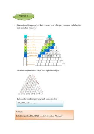 1. Cermati segitiga pascal berikut, cermati pola bilangan yang ada pada bagian
kiri, temukan polanya?
Barisan bilangan tersebut dapat pula diperoleh dengan :
Tuliskan barisan bilangan yang telah kalian peroleh
Catatan:
Pola bilangan 1,1,2,3,5,8,13,21, ... , disebut barisan Fibonacci
Kegiatan 2
1,1,2,3,5,8,13,21, ..., ..., ....,
 