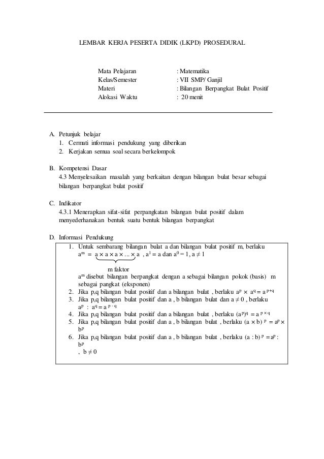 Lkpd Prosedural Materi Bilangan Berpangkat Bulat Positif