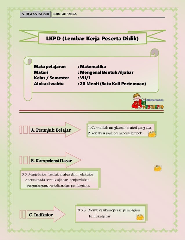 Lkpd Soal Mengenal Bentuk Aljabar 3 5 Pertemuan 3