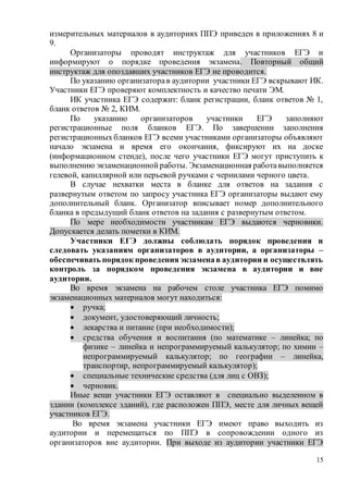 15
измерительных материалов в аудиториях ППЭ приведен в приложениях 8 и
9.
Организаторы проводят инструктаж для участников ЕГЭ и
информируют о порядке проведения экзамена. Повторный общий
инструктаж для опоздавших участников ЕГЭ не проводится.
По указанию организаторав аудитории участники ЕГЭ вскрывают ИК.
Участники ЕГЭ проверяют комплектность и качество печати ЭМ.
ИК участника ЕГЭ содержит: бланк регистрации, бланк ответов № 1,
бланк ответов № 2, КИМ.
По указанию организаторов участники ЕГЭ заполняют
регистрационные поля бланков ЕГЭ. По завершении заполнения
регистрационныхбланков ЕГЭ всеми участниками организаторы объявляют
начало экзамена и время его окончания, фиксируют их на доске
(информационном стенде), после чего участники ЕГЭ могут приступить к
выполнению экзаменационнойработы. Экзаменационная работавыполняется
гелевой, капиллярной или перьевой ручками с чернилами черного цвета.
В случае нехватки места в бланке для ответов на задания с
развернутым ответом по запросу участника ЕГЭ организаторы выдают ему
дополнительный бланк. Организатор вписывает номер дополнительного
бланка в предыдущий бланк ответов на задания с развернутым ответом.
По мере необходимости участникам ЕГЭ выдаются черновики.
Допускается делать пометки в КИМ.
Участники ЕГЭ должны соблюдать порядок проведения и
следовать указаниям организаторов в аудитории, а организаторы –
обеспечивать порядок проведения экзаменав аудитории и осуществлять
контроль за порядком проведения экзамена в аудитории и вне
аудитории.
Во время экзамена на рабочем столе участника ЕГЭ помимо
экзаменационных материалов могут находиться:
 ручка;
 документ, удостоверяющий личность;
 лекарства и питание (при необходимости);
 средства обучения и воспитания (по математике – линейка; по
физике – линейка и непрограммируемый калькулятор; по химии –
непрограммируемый калькулятор; по географии – линейка,
транспортир, непрограммируемый калькулятор);
 специальные технические средства (для лиц с ОВЗ);
 черновик.
Иные вещи участники ЕГЭ оставляют в специально выделенном в
здании (комплексе зданий), где расположен ППЭ, месте для личных вещей
участников ЕГЭ.
Во время экзамена участники ЕГЭ имеют право выходить из
аудитории и перемещаться по ППЭ в сопровождении одного из
организаторов вне аудитории. При выходе из аудитории участники ЕГЭ
 