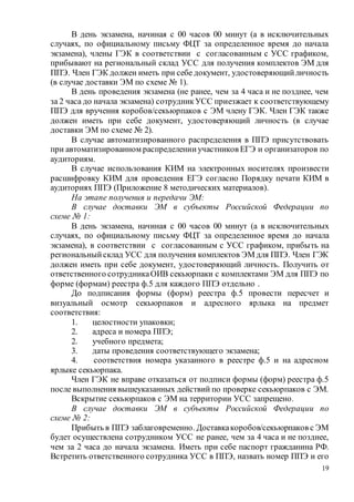19
В день экзамена, начиная с 00 часов 00 минут (а в исключительных
случаях, по официальному письму ФЦТ за определенное время до начала
экзамена), члены ГЭК в соответствии с согласованным с УСС графиком,
прибывают на региональный склад УСС для получения комплектов ЭМ для
ППЭ. Член ГЭК должен иметь при себе документ, удостоверяющийличность
(в случае доставки ЭМ по схеме № 1).
В день проведения экзамена (не ранее, чем за 4 часа и не позднее, чем
за 2 часа до начала экзамена) сотрудникУСС приезжает к соответствующему
ППЭ для вручения коробов/секьюрпаков с ЭМ члену ГЭК. Член ГЭК также
должен иметь при себе документ, удостоверяющий личность (в случае
доставки ЭМ по схеме № 2).
В случае автоматизированного распределения в ППЭ присутствовать
при автоматизированном распределении участников ЕГЭ и организаторов по
аудиториям.
В случае использования КИМ на электронных носителях произвести
расшифровку КИМ для проведения ЕГЭ согласно Порядку печати КИМ в
аудиториях ППЭ (Приложение 8 методических материалов).
На этапе получения и передачи ЭМ:
В случае доставки ЭМ в субъекты Российской Федерации по
схеме № 1:
В день экзамена, начиная с 00 часов 00 минут (а в исключительных
случаях, по официальному письму ФЦТ за определенное время до начала
экзамена), в соответствии с согласованным с УСС графиком, прибыть на
региональныйсклад УСС для получения комплектов ЭМ для ППЭ. Член ГЭК
должен иметь при себе документ, удостоверяющий личность. Получить от
ответственного сотрудникаОИВ секьюрпаки с комплектами ЭМ для ППЭ по
форме (формам) реестра ф.5 для каждого ППЭ отдельно .
До подписания формы (форм) реестра ф.5 провести пересчет и
визуальный осмотр секьюрпаков и адресного ярлыка на предмет
соответствия:
1. целостности упаковки;
2. адреса и номера ППЭ;
2. учебного предмета;
3. даты проведения соответствующего экзамена;
4. соответствия номера указанного в реестре ф.5 и на адресном
ярлыке секьюрпака.
Член ГЭК не вправе отказаться от подписи формы (форм) реестра ф.5
после выполнения вышеуказанных действий по проверке секьюрпаков с ЭМ.
Вскрытие секьюрпаков с ЭМ на территории УСС запрещено.
В случае доставки ЭМ в субъекты Российской Федерации по
схеме № 2:
Прибыть в ППЭ заблаговременно. Доставкакоробов/секьюрпаков с ЭМ
будет осуществлена сотрудником УСС не ранее, чем за 4 часа и не позднее,
чем за 2 часа до начала экзамена. Иметь при себе паспорт гражданина РФ.
Встретить ответственного сотрудника УСС в ППЭ, назвать номер ППЭ и его
 