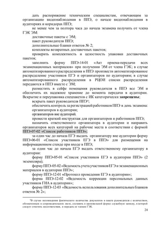 24
дать распоряжение техническим специалистам, отвечающим за
организацию видеонаблюдения в ППЭ, о начале видеонаблюдения в
аудиториях и коридорах ППЭ;
не менее чем за полтора часа до начала экзамена получить от члена
ГЭК ЭМ:
доставочные пакеты с ЭМ;
пакет руководителя ППЭ;
дополнительные бланки ответов № 2;
комплекты возвратных доставочных пакетов;
проверить комплектность и целостность упаковки доставочных
пакетов;
заполнить форму ППЭ-14-01 «Акт приема-передачи всех
экзаменационных материалов» при получении ЭМ от члена ГЭК; в случае
автоматизированногораспределения в ППЭ произвести автоматизированное
распределение участников ЕГЭ и организаторов по аудиториям; в случае
автоматизированного распределения в РЦОИ списки распределения
передаются в ППЭ вместе с ЭМ;
разместить в сейфе помещения руководителя в ППЭ все ЭМ и
обеспечить их надежное хранение до момента передачи в аудитории.
Вскрытие и переупаковка спецпакетов с ИК категорически запрещены;
вскрыть пакет руководителя ППЭ4;
обеспечить контроль за регистрациейработников ППЭ в день экзамена:
организаторов в аудитории;
организаторов вне аудиторий.
провести краткий инструктаж для организаторов и работников ППЭ;
назначить ответственного организатора в аудитории и направить
организаторов всех категорий на рабочие места в соответствии с формой
ППЭ-07-02 «Список работников ППЭ»;
за один час до начала ЕГЭ выдать организатору вне аудитории форму
ППЭ-06-01 «Список участников ЕГЭ в ППЭ» для размещения на
информационном стенде при входе в ППЭ;
за один час до начала ЕГЭ выдать ответственному организатору в
аудитории:
форму ППЭ-05-01 «Список участников ЕГЭ в аудитории ППЭ» (2
экземпляра);
формуППЭ-05-02«ВедомостьучетаучастниковЕГЭ иэкзаменационных
материалов в аудитории ППЭ»;
форму ППЭ-12-01 «Протокол проведения ЕГЭ в аудитории»;
форма ППЭ-12-02 «Ведомость коррекции персональных данных
участников ГИА в аудитории»;
форму ППЭ-12-03 «Ведомость использования дополнительныхбланков
ответов № 2»;
4В случае несовпадения фактического количества документов в пакете руководителя с количеством,
обозначенным в сопроводительном листе, составить в произвольной форме служебную записку, в которой
следует отметить несоответствия, и передать ее членам ГЭК.
 