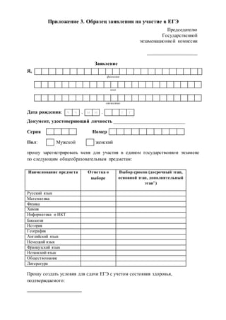 Приложение 3. Образец заявления на участие в ЕГЭ
Председателю
Государственной
экзаменационной комиссии
____________________
Заявление
Я,
фамилия
имя
отчество
Документ, удостоверяющий личность ____________________________
Серия Номер
Пол: Мужской женский
прошу зарегистрировать меня для участия в едином государственном экзамене
по следующим общеобразовательным предметам:
Наименование предмета Отметка о
выборе
Выбор сроков (досрочный этап,
основной этап, дополнительный
этап
)
Русский язык
Математика
Физика
Химия
Информатика и ИКТ
Биология
История
География
Английский язык
Немецкий язык
Французский язык
Испанский язык
Обществознание
Литература
Прошу создать условия для сдачи ЕГЭ с учетом состояния здоровья,
подтверждаемого:
Дата рождения: ч ч . м м . г г
 