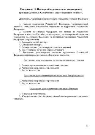61
Приложение 11. Примерный перечень часто используемых
при проведении ЕГЭ документов, удостоверяющих личность
Документы, удостоверяющиеличность гражданРоссийскойФедерации
1. Паспорт гражданина Российской Федерации, удостоверяющий
личность гражданина Российской Федерации на территории Российской
Федерации.
2. Паспорт Российской Федерации для выезда из Российской
Федерации и въезда в Российскую Федерацию, удостоверяющий личность
гражданина Российской Федерации за пределами территории Российской
Федерации (заграничный).
3. Дипломатический паспорт.
4. Служебный паспорт.
5. Паспорт моряка (удостоверение личности моряка).
6. Удостоверение личности военнослужащего
7. Временное удостоверение личности гражданина Российской
Федерации, выдаваемое на период оформления паспорта.
Документы, удостоверяющие личность иностранных граждан
1. Паспорт гражданина иностранного государства.
2. Разрешение на временное проживание.
3. Вид на жительство.
Документы, удостоверяющие личность лица без гражданства
1. Разрешение на временное проживание.
2. Вид на жительство.
Документы, удостоверяющие личность беженцев
1. Удостоверение беженца.
2. Свидетельство о рассмотрении ходатайства о признаниигражданина
беженцем.
 