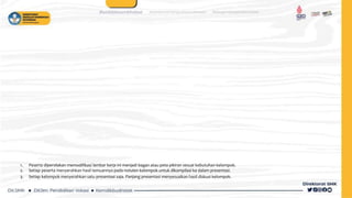1. Peserta dipersilakan memodifikasi lembar kerja ini menjadi bagan atau peta pikiran sesuai kebutuhan kelompok.
2. Setiap peserta menyerahkan hasil temuannya pada notulen kelompok untuk dikompilasi ke dalam presentasi.
3. Setiap kelompok menyerahkan satu presentasi saja. Panjang presentasi menyesuaikan hasil diskusi kelompok.
 