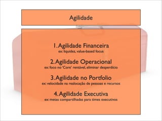 Agilidade



       1. Agilidade Financeira
          ex: liquidez, value-based focus

     2. Agilidade Operacional
 ex: foco no ‘Core’ rentável, eliminar desperdício

     3. Agilidade no Portfolio
ex: velocidade na realocação de pessoas e recursos

       4. Agilidade Executiva
 ex: metas compartilhadas para times executivos
 