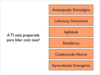 Antecipação Estratégica

                        Liderança Situacional

                              Agilidade
A TI está preparada
para lidar com isso?
                             Resiliência

                        Colaboração Aberta

                       Aprendizado Emergente
 
