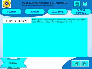 TUJUAN MATERI SOAL-SOAL
DAFTAR
PUSTAKA
Keliling
Dan Luas
FAKULTAS KEGURUAN DAN ILMU PENDIDIKAN
Created by : Riani Asri Dianti (06111008020)
PEMBAHASAN :
Note : gunakan pointer option “pen” untuk menjelaskan jawaban
anda (klik kanan lalu pilih pointer option “pen” )
 