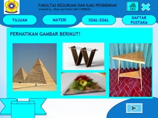 TUJUAN MATERI SOAL-SOAL
DAFTAR
PUSTAKA
Keliling
Dan Luas
FAKULTAS KEGURUAN DAN ILMU PENDIDIKAN
Created by : Riani Asri Dianti (06111008020)
 