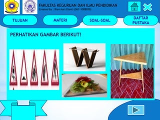 TUJUAN MATERI SOAL-SOAL
DAFTAR
PUSTAKA
Keliling Dan
Luas Segitiga
FAKULTAS KEGURUAN DAN ILMU PENDIDIKAN
Created by : Riani...