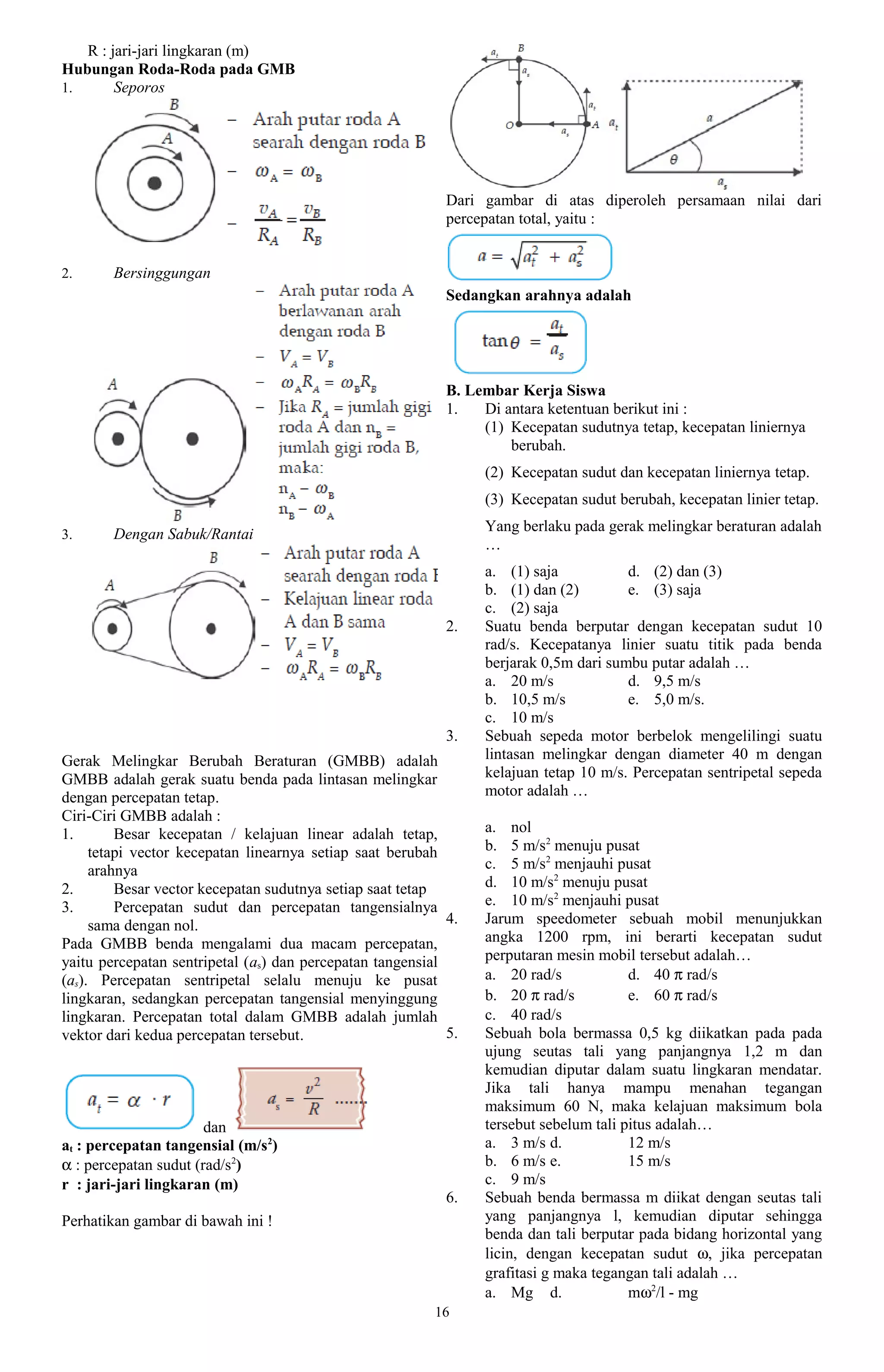R : jari-jari lingkaran (m)
Hubungan Roda-Roda pada GMB
1.      Seporos




                                                            Dari gambar di atas diperoleh persamaan nilai dari
                                                            percepatan total, yaitu :


2.      Bersinggungan
                                                            Sedangkan arahnya adalah




                                                            B. Lembar Kerja Siswa
                                                            1.   Di antara ketentuan berikut ini :
                                                                 (1) Kecepatan sudutnya tetap, kecepatan liniernya
                                                                     berubah.
                                                                 (2) Kecepatan sudut dan kecepatan liniernya tetap.
                                                                 (3) Kecepatan sudut berubah, kecepatan linier tetap.
                                                                 Yang berlaku pada gerak melingkar beraturan adalah
3.      Dengan Sabuk/Rantai
                                                                 …
                                                                 a. (1) saja           d. (2) dan (3)
                                                                 b. (1) dan (2)        e. (3) saja
                                                                 c. (2) saja
                                                            2.   Suatu benda berputar dengan kecepatan sudut 10
                                                                 rad/s. Kecepatanya linier suatu titik pada benda
                                                                 berjarak 0,5m dari sumbu putar adalah …
                                                                 a. 20 m/s             d. 9,5 m/s
                                                                 b. 10,5 m/s           e. 5,0 m/s.
                                                                 c. 10 m/s
                                                            3.   Sebuah sepeda motor berbelok mengelilingi suatu
Gerak Melingkar Berubah Beraturan (GMBB) adalah                  lintasan melingkar dengan diameter 40 m dengan
GMBB adalah gerak suatu benda pada lintasan melingkar            kelajuan tetap 10 m/s. Percepatan sentripetal sepeda
dengan percepatan tetap.                                         motor adalah …
Ciri-Ciri GMBB adalah :
1.       Besar kecepatan / kelajuan linear adalah tetap,         a. nol
     tetapi vector kecepatan linearnya setiap saat berubah       b. 5 m/s2 menuju pusat
     arahnya                                                     c. 5 m/s2 menjauhi pusat
2.       Besar vector kecepatan sudutnya setiap saat tetap       d. 10 m/s2 menuju pusat
3.       Percepatan sudut dan percepatan tangensialnya           e. 10 m/s2 menjauhi pusat
     sama dengan nol.                                       4.   Jarum speedometer sebuah mobil menunjukkan
Pada GMBB benda mengalami dua macam percepatan,                  angka 1200 rpm, ini berarti kecepatan sudut
yaitu percepatan sentripetal (as) dan percepatan tangensial      perputaran mesin mobil tersebut adalah…
(as). Percepatan sentripetal selalu menuju ke pusat              a. 20 rad/s            d. 40 π rad/s
lingkaran, sedangkan percepatan tangensial menyinggung           b. 20 π rad/s          e. 60 π rad/s
lingkaran. Percepatan total dalam GMBB adalah jumlah             c. 40 rad/s
vektor dari kedua percepatan tersebut.                      5.   Sebuah bola bermassa 0,5 kg diikatkan pada pada
                                                                 ujung seutas tali yang panjangnya 1,2 m dan
                                                                 kemudian diputar dalam suatu lingkaran mendatar.
                                                                 Jika tali hanya mampu menahan tegangan
                                                                 maksimum 60 N, maka kelajuan maksimum bola
                       dan                                       tersebut sebelum tali pitus adalah…
at : percepatan tangensial (m/s2)                                a. 3 m/s d.            12 m/s
α : percepatan sudut (rad/s2)                                    b. 6 m/s e.            15 m/s
r : jari-jari lingkaran (m)                                      c. 9 m/s
                                                            6.   Sebuah benda bermassa m diikat dengan seutas tali
Perhatikan gambar di bawah ini !                                 yang panjangnya l, kemudian diputar sehingga
                                                                 benda dan tali berputar pada bidang horizontal yang
                                                                 licin, dengan kecepatan sudut ω, jika percepatan
                                                                 grafitasi g maka tegangan tali adalah …
                                                                 a. Mg d.               mω2/l - mg
                                                          16
 