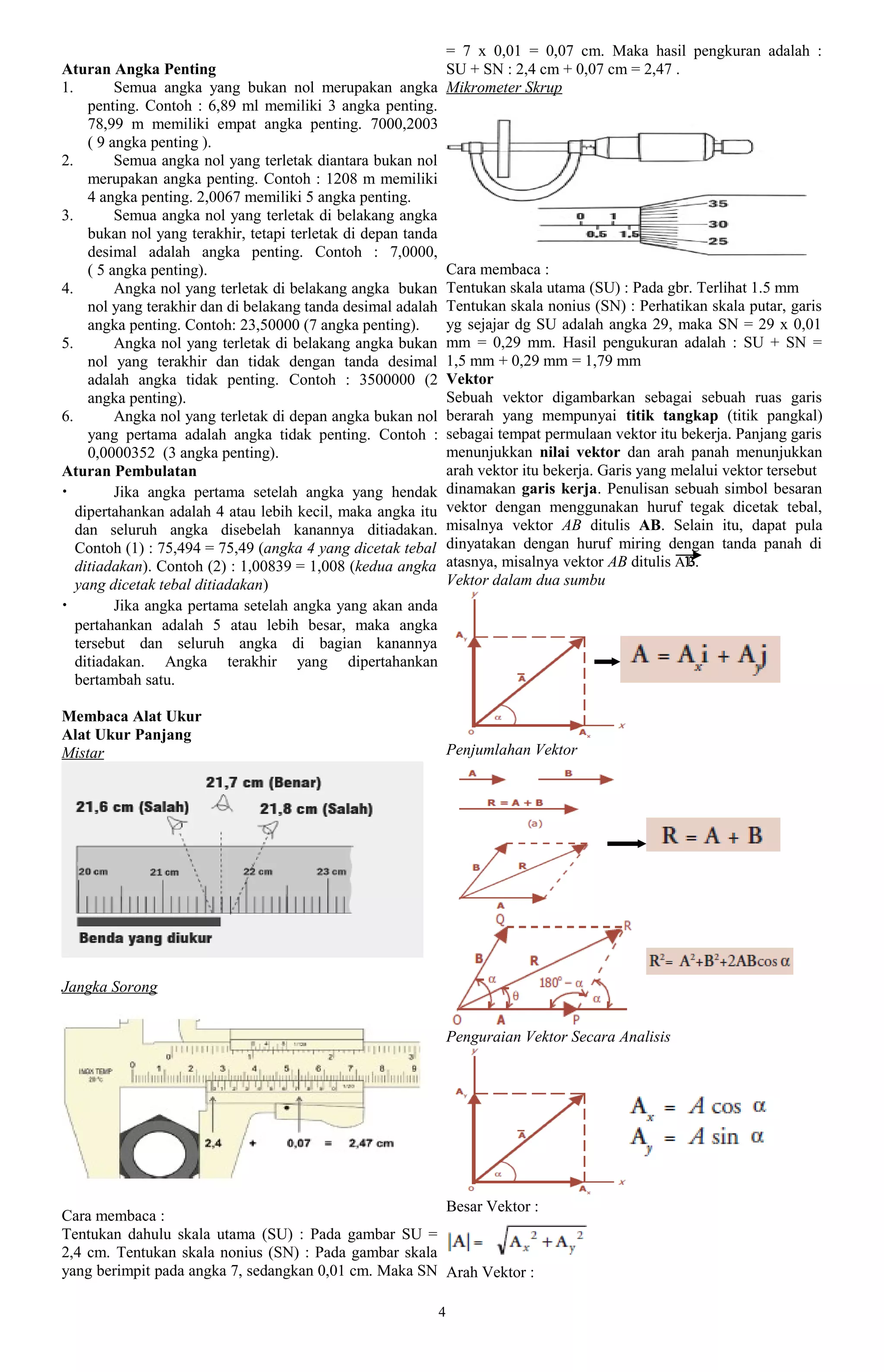 = 7 x 0,01 = 0,07 cm. Maka hasil pengkuran adalah :
Aturan Angka Penting                                               SU + SN : 2,4 cm + 0,07 cm = 2,47 .
1.        Semua angka yang bukan nol merupakan angka               Mikrometer Skrup
     penting. Contoh : 6,89 ml memiliki 3 angka penting.
     78,99 m memiliki empat angka penting. 7000,2003
     ( 9 angka penting ).
2.        Semua angka nol yang terletak diantara bukan nol
     merupakan angka penting. Contoh : 1208 m memiliki
     4 angka penting. 2,0067 memiliki 5 angka penting.
3.        Semua angka nol yang terletak di belakang angka
     bukan nol yang terakhir, tetapi terletak di depan tanda
     desimal adalah angka penting. Contoh : 7,0000,
     ( 5 angka penting).                                           Cara membaca :
4.        Angka nol yang terletak di belakang angka bukan          Tentukan skala utama (SU) : Pada gbr. Terlihat 1.5 mm
     nol yang terakhir dan di belakang tanda desimal adalah        Tentukan skala nonius (SN) : Perhatikan skala putar, garis
     angka penting. Contoh: 23,50000 (7 angka penting).            yg sejajar dg SU adalah angka 29, maka SN = 29 x 0,01
5.        Angka nol yang terletak di belakang angka bukan          mm = 0,29 mm. Hasil pengukuran adalah : SU + SN =
     nol yang terakhir dan tidak dengan tanda desimal              1,5 mm + 0,29 mm = 1,79 mm
     adalah angka tidak penting. Contoh : 3500000 (2               Vektor
     angka penting).                                               Sebuah vektor digambarkan sebagai sebuah ruas garis
6.        Angka nol yang terletak di depan angka bukan nol         berarah yang mempunyai titik tangkap (titik pangkal)
     yang pertama adalah angka tidak penting. Contoh :             sebagai tempat permulaan vektor itu bekerja. Panjang garis
     0,0000352 (3 angka penting).                                  menunjukkan nilai vektor dan arah panah menunjukkan
Aturan Pembulatan                                                  arah vektor itu bekerja. Garis yang melalui vektor tersebut
•         Jika angka pertama setelah angka yang hendak             dinamakan garis kerja. Penulisan sebuah simbol besaran
   dipertahankan adalah 4 atau lebih kecil, maka angka itu         vektor dengan menggunakan huruf tegak dicetak tebal,
   dan seluruh angka disebelah kanannya ditiadakan.                misalnya vektor AB ditulis AB. Selain itu, dapat pula
   Contoh (1) : 75,494 = 75,49 (angka 4 yang dicetak tebal         dinyatakan dengan huruf miring dengan tanda panah di
   ditiadakan). Contoh (2) : 1,00839 = 1,008 (kedua angka          atasnya, misalnya vektor AB ditulis AB.
   yang dicetak tebal ditiadakan)                                  Vektor dalam dua sumbu
•         Jika angka pertama setelah angka yang akan anda
   pertahankan adalah 5 atau lebih besar, maka angka
   tersebut dan seluruh angka di bagian kanannya
   ditiadakan. Angka terakhir yang dipertahankan
   bertambah satu.

Membaca Alat Ukur
Alat Ukur Panjang
Mistar                                                             Penjumlahan Vektor




Jangka Sorong


                                                                   Penguraian Vektor Secara Analisis




                                                       Besar Vektor :
Cara membaca :
Tentukan dahulu skala utama (SU) : Pada gambar SU =
2,4 cm. Tentukan skala nonius (SN) : Pada gambar skala
yang berimpit pada angka 7, sedangkan 0,01 cm. Maka SN Arah Vektor :

                                                               4
 