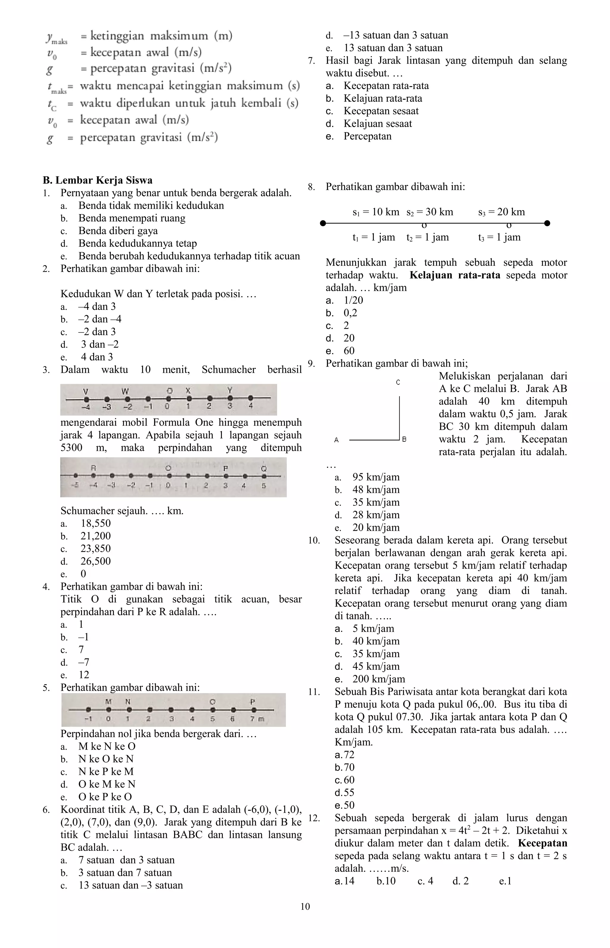 d.–13 satuan dan 3 satuan
                                                                e.13 satuan dan 3 satuan
                                                            7. Hasil bagi Jarak lintasan yang ditempuh dan selang
                                                               waktu disebut. …
                                                               a. Kecepatan rata-rata
                                                               b. Kelajuan rata-rata
                                                               c. Kecepatan sesaat
                                                               d. Kelajuan sesaat
                                                               e. Percepatan



B. Lembar Kerja Siswa
                                                            8. Perhatikan gambar dibawah ini:
1. Pernyataan yang benar untuk benda bergerak adalah.
    a. Benda tidak memiliki kedudukan
                                                                      s1 = 10 km s2 = 30 km         s3 = 20 km
    b. Benda menempati ruang
                                                                                     o                      o
    c. Benda diberi gaya
                                                                      t1 = 1 jam t2 = 1 jam         t3 = 1 jam
    d. Benda kedudukannya tetap
    e. Benda berubah kedudukannya terhadap titik acuan
                                                               Menunjukkan jarak tempuh sebuah sepeda motor
2. Perhatikan gambar dibawah ini:
                                                               terhadap waktu. Kelajuan rata-rata sepeda motor
                                                               adalah. … km/jam
    Kedudukan W dan Y terletak pada posisi. …
                                                               a. 1/20
    a. –4 dan 3
                                                               b. 0,2
    b. –2 dan –4
                                                               c. 2
    c. –2 dan 3
                                                               d. 20
    d. 3 dan –2
                                                               e. 60
    e. 4 dan 3
                                                            9. Perhatikan gambar di bawah ini;
3. Dalam waktu 10 menit, Schumacher berhasil
                                                                                          Melukiskan perjalanan dari
                                                                                          A ke C melalui B. Jarak AB
                                                                                          adalah 40 km ditempuh
                                                                                          dalam waktu 0,5 jam. Jarak
    mengendarai mobil Formula One hingga menempuh                                         BC 30 km ditempuh dalam
    jarak 4 lapangan. Apabila sejauh 1 lapangan sejauh                                    waktu 2 jam. Kecepatan
    5300 m, maka perpindahan yang ditempuh                                                rata-rata perjalan itu adalah.
                                                               …
                                                                 a. 95 km/jam
                                                                 b. 48 km/jam
                                                                 c. 35 km/jam
    Schumacher sejauh. …. km.                                    d. 28 km/jam
    a. 18,550                                                    e. 20 km/jam
    b. 21,200                                               10. Seseorang berada dalam kereta api. Orang tersebut
    c. 23,850                                                    berjalan berlawanan dengan arah gerak kereta api.
    d. 26,500                                                    Kecepatan orang tersebut 5 km/jam relatif terhadap
    e. 0                                                         kereta api. Jika kecepatan kereta api 40 km/jam
4. Perhatikan gambar di bawah ini:                               relatif terhadap orang yang diam di tanah.
    Titik O di gunakan sebagai titik acuan, besar                Kecepatan orang tersebut menurut orang yang diam
    perpindahan dari P ke R adalah. ….                           di tanah. …..
    a. 1                                                         a. 5 km/jam
    b. –1                                                        b. 40 km/jam
    c. 7                                                         c. 35 km/jam
    d. –7                                                        d. 45 km/jam
    e. 12                                                        e. 200 km/jam
5. Perhatikan gambar dibawah ini:                           11. Sebuah Bis Pariwisata antar kota berangkat dari kota
                                                                 P menuju kota Q pada pukul 06,.00. Bus itu tiba di
                                                                 kota Q pukul 07.30. Jika jartak antara kota P dan Q
    Perpindahan nol jika benda bergerak dari. …                  adalah 105 km. Kecepatan rata-rata bus adalah. ….
    a. M ke N ke O                                               Km/jam.
    b. N ke O ke N                                               a. 72
    c. N ke P ke M                                               b. 70
    d. O ke M ke N                                               c. 60
    e. O ke P ke O                                               d. 55
6. Koordinat titik A, B, C, D, dan E adalah (-6,0), (-1,0),      e. 50
    (2,0), (7,0), dan (9,0). Jarak yang ditempuh dari B ke  12. Sebuah sepeda bergerak di jalam lurus dengan
    titik C melalui lintasan BABC dan lintasan lansung           persamaan perpindahan x = 4t2 – 2t + 2. Diketahui x
    BC adalah. …                                                 diukur dalam meter dan t dalam detik. Kecepatan
    a. 7 satuan dan 3 satuan                                     sepeda pada selang waktu antara t = 1 s dan t = 2 s
    b. 3 satuan dan 7 satuan                                     adalah. ……m/s.
    c. 13 satuan dan –3 satuan                                   a. 14      b.10    c. 4     d. 2         e.1

                                                          10
 