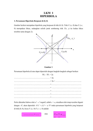 LKM 1
HIPERBOLA
1. Persamaan Hiperbola Berpusat di (0, 0)
Gambar berikut merupakan hiperbola yang berpusat di titik (0, 0). Titik F1 (c, 0) dan F2 (-c,
0) merupakan fokus, sedangkan selisih jarak sembarang titik T(x, y) ke kedua fokus
tersebut sama dengan 2a.
Gambar 1
Persamaan hiperbola di atas dapat diperoleh dengan langkah-langkah sebagai berikut:
TF2 – TF1 = 2a
………………………………………………… = 2a
………………………………………………….= 2a + …………………………………...
………………………………………………….=…………………………………………
………………………………………………….= ………………………………………...
………………………………………………….=…………………………………………
………………………………………………….=…………………………………………
………………………………………………….=…………………………………………
Perlu diketahui bahwa nilai a2
– c2
negatif, sebab c > a, misalkan nilai tetap tersebut diganti
dengan –b2
, akan diperoleh –b2
x2
+ a2
y2
= –a 2
b2
maka persamaan hiperbola yang berpusat
di titik (0, 0), focus F1 (c, 0) F2 ( –c, 0) adalah
atau
F2
(-c,0)
T(xo
, yo
)
F1
(c,0)
x
.....
...
...
...
...
=−………………= ……
y
 