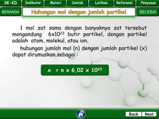 SK - KD
SELESAI
Indikator
BERANDA
PenyusunReferensiUji KompLatihanMateri
NextBack
1 mol zat sama dengan banyaknya zat tersebut
mengandung 6x1023 butir partikel, dengan partikel
adalah atom, molekul, atau ion.
hubungan jumlah mol (n) dengan jumlah partikel (x)
dapat dirumuskan sebagai :
x = n x 6,02 x 1023
SK-KD Indikator Materi Contoh Latihan Referensi Penyusun
 