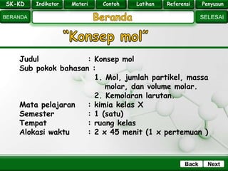 SK - KD
SELESAI
Indikator
BERANDA
PenyusunReferensiUji KompLatihanMateri
NextBack
SK-KD Indikator Materi Contoh Latihan Referensi Penyusun
Judul : Konsep mol
Sub pokok bahasan :
1. Mol, jumlah partikel, massa
molar, dan volume molar.
2. Kemolaran larutan.
Mata pelajaran : kimia kelas X
Semester : 1 (satu)
Tempat : ruang kelas
Alokasi waktu : 2 x 45 menit (1 x pertemuan )
 