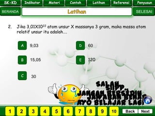 SK - KD
SELESAI
Indikator
BERANDA
PenyusunReferensiUji KompLatihanMateri
NextBack
2. Jika 3,01X1022 atom unsur X massanya 3 gram, maka massa atom
relatif unsur itu adalah….
A
B E
D
C
15,05
9,03 60
120
30
PILIH SOAL :
SK-KD Indikator Materi Contoh Latihan Referensi Penyusun
2 3 41 5 6 7 8 9 10
 