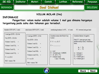 SK - KD
SELESAI
Indikator
BERANDA
PenyusunReferensiUji KompLatihanMateri
NextBack
VOLUM MOLAR (Vm)
INFORMASI
Pengertian: volum molar adalah volume 1 mol gas dimana harganya
tergantung pada suhu dan tekanan gas tersebut.
SK-KD Indikator Materi Contoh Latihan Referensi PenyusunSK-KD Indikator Materi Contoh Latihan Referensi Penyusun
 