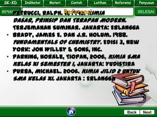 SK - KD
SELESAI
Indikator
BERANDA
PenyusunReferensiUji KompLatihanMateri
NextBack
• Petrucci, Ralph. H, 1992. Kimia
Dasar, Prinsip dan Terapan Modern.
Terjemahan Suminar. Jakarta: Erlangga
• Brady, James E. dan J.R. Holum. 1988.
Fundamentals of Chemistry. Edisi 3, New
York: Jon Willey & Sons, Inc.
• Parning, Horale, Tiopan, 2006, Kimia SMA
Kelas XI Semester I, Jakarta: Yudistira
• Purba, Michael. 2006. Kimia Jilid 2 untuk
SMA kelas XI. Jakarta : Erlangga
SK-KD Indikator Materi Contoh Latihan Referensi Penyusun
 