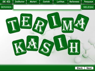 SK - KD
SELESAI
Indikator
BERANDA
PenyusunReferensiUji KompLatihanMateri
NextBack
M
h
SK-KD Indikator Materi Contoh Latihan Referensi Penyusun
 