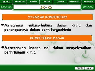 SK - KD
SELESAI
Indikator
BERANDA
PenyusunReferensiUji KompLatihanMateri
NextBack
STANDAR KOMPETENSI
KOMPETENSI DASAR
Memahami hukum-hukum dasar kimia dan
penerapannya dalam perhitungankimia
Menerapkan konsep mol dalam menyelesaikan
perhitungan kimia
SK-KD Indikator Materi Contoh Latihan Referensi Penyusun
 